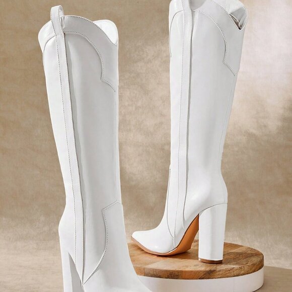 White Casual Women's Block Heel Snip Toe Tall Western Boots - Picture 4 of 7